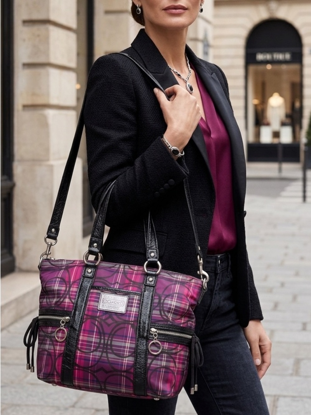 Coach Poppy Tartan Plaid Shoulder Bag with Black Trim